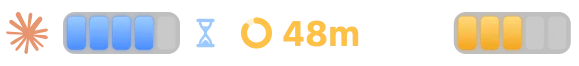 Menu bar: Claude with four blue cells and a 48 minute session countdown, Codex with three amber cells